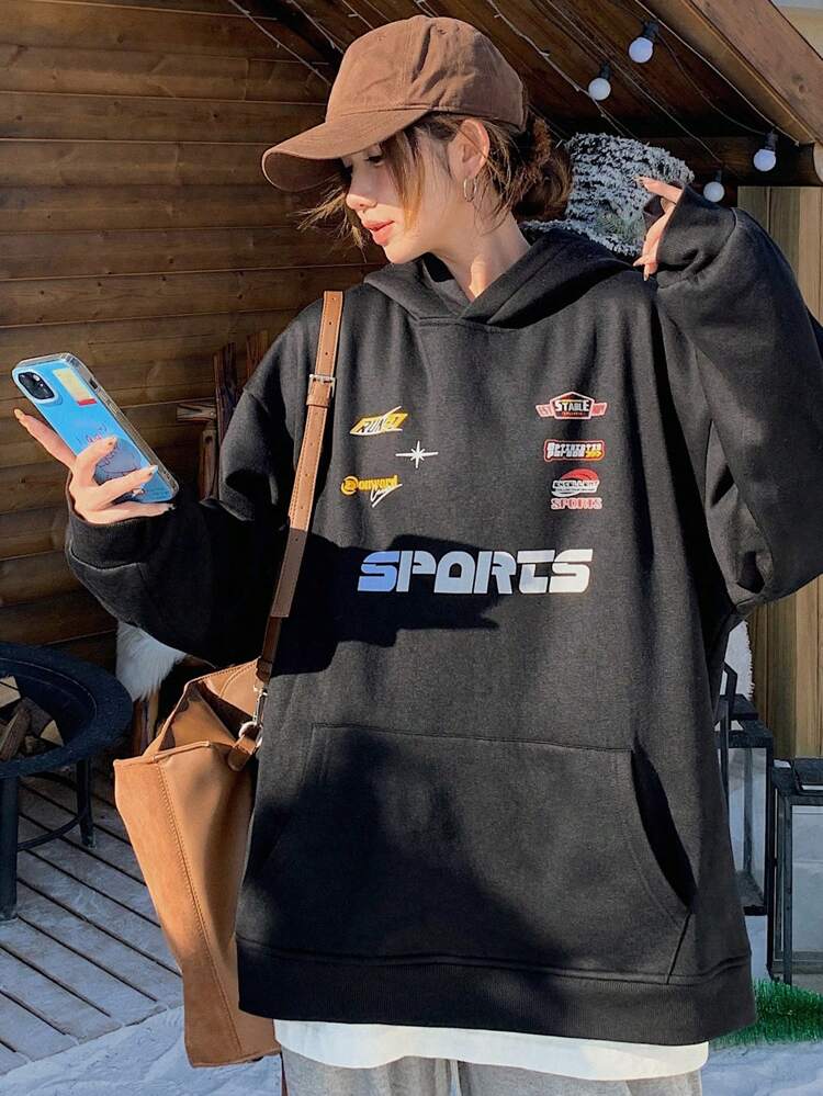Women's Knitted Hoodie With Letter Print,Fall Clothes Sweatshirt