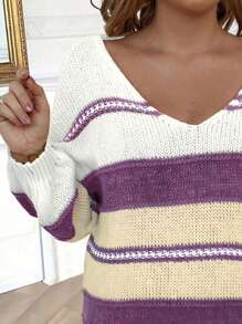 Calvaya Plus Size Casual Colorblock Striped Drop Shoulder Sweater, Autumn/Winter Knit Pullover Fall - Purple - View 4