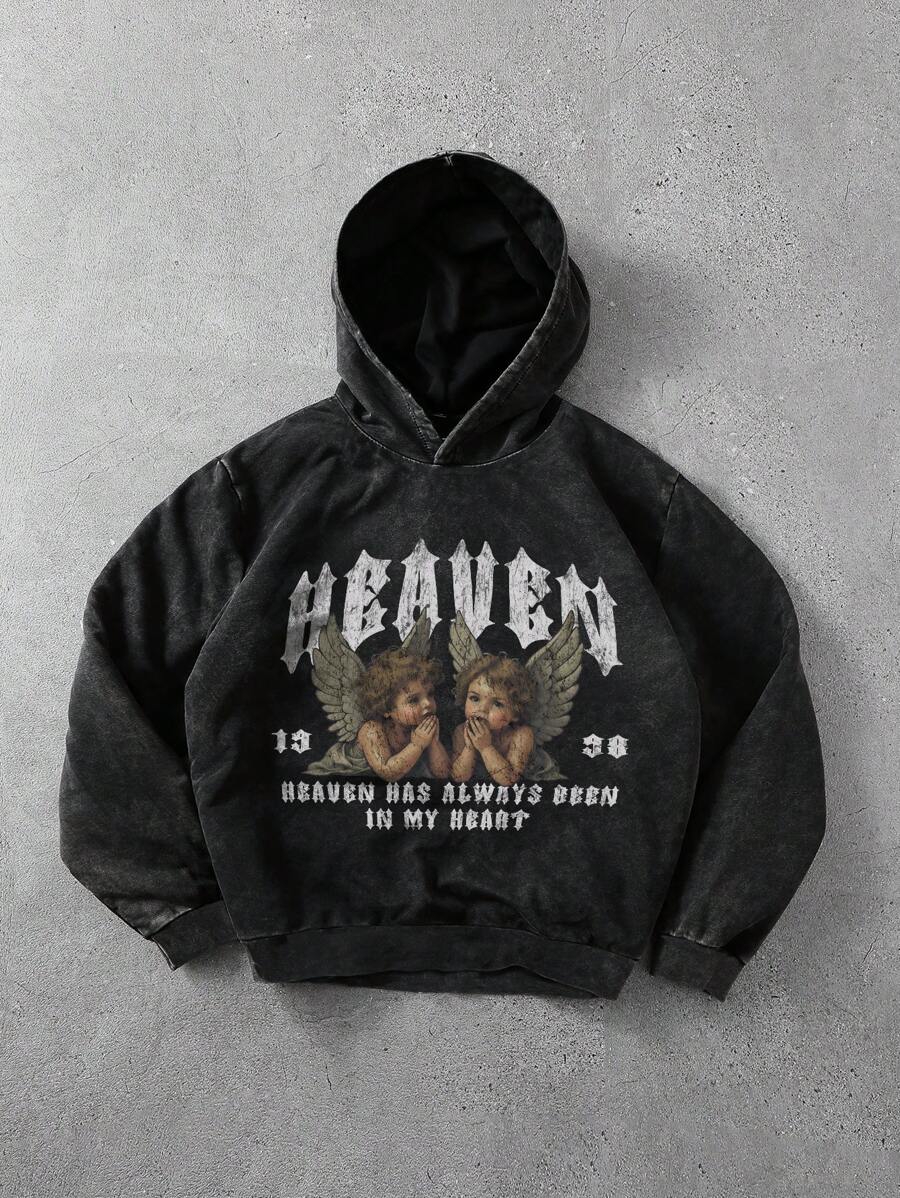 Manfinity EMRG Men's Casual Washed Angel & Letter Print Hooded Sweatshirt For Autumn - Black - View 1