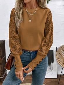 SHEIN LUNE 大码女式春秋季圆领撞色蕾丝长袖优雅上衣假日