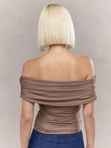 MISSGUIDED Dżersejowy top z marszczonymi ramionami - Brązowy - Zobacz 2