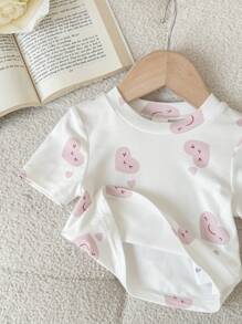SHEIN Babygirl 可爱卡通图案针织短袖上衣，春夏 - 白色 - 查看 5
