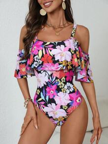 花卉印花露肩连体泳衣，春夏热销商品 - 彩色 - 查看 1