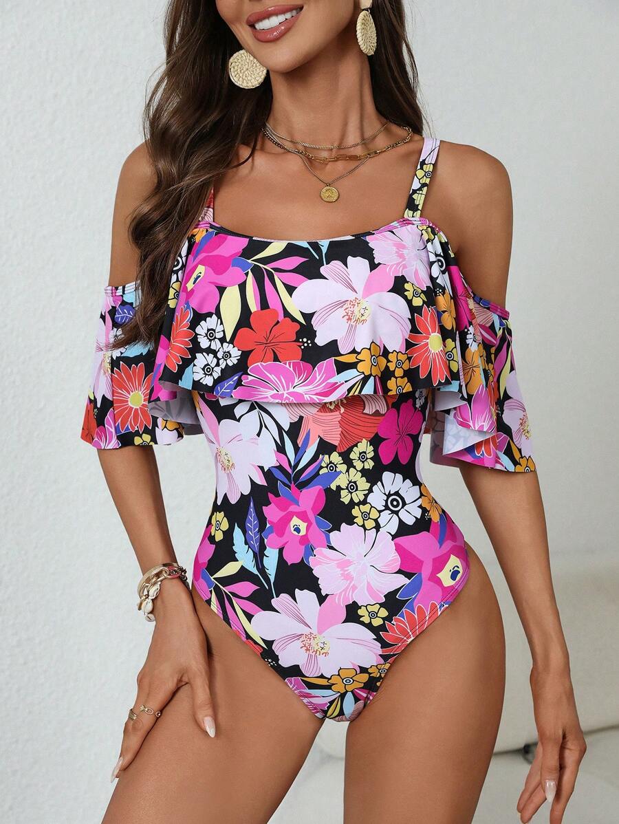 花卉印花露肩连体泳衣，春夏热销商品 - 彩色 - 查看 1