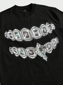 Manfinity VCAY 男式休闲 Grunge 水晶十字印花短袖 T 恤 - 黑色 - 查看 2