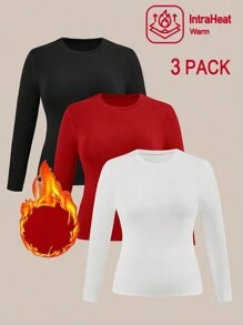 SHEIN EZwear 3pcs/Set Plus Size Thermal Lined Tight-Fitting Base Layer T-Shirts, Multi-Color Thermal - Multicolor - View 2