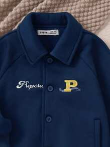 PrepCrw 男童海军蓝字母刺绣修身开衫夹克，学院风，适合返校季和秋冬季 - 藍色 - 查看 3