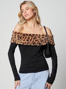 SHEIN EZwear 1 chiếc áo thun dài tay in họa tiết da báo trễ vai cho nữ mùa thu đông áo phông trễ vai đi chơi - Nhiều màu - Xem 6