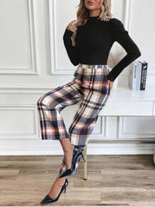 SHEIN Clasi 2 件套女士黑色格子长袖上衣和长裤，优雅日常穿着 - 彩色 - 查看 5