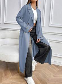 SHEIN Unity Áo khoác dài thường ngày cổ bẻ hai hàng khuy màu trơn cho nữ, mùa thu - Màu xanh bụi bặm - Xem 5