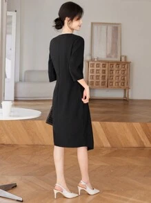 DAZY Váy ôm cổ chữ V chắp vá thanh lịch kiểu Pháp dành cho nữ, đầu thu - màu đen - Xem 3