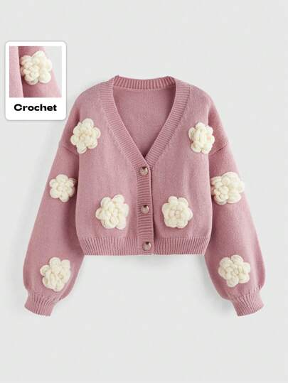 Kawaii Damen lässige tägliche süße 3D Blumen Knopfkardigan, Herbst/Winter