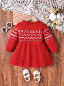 SHEIN Baby Girls' Round Neck Pullover Fair Isle Knit Cute Sweater Dress - Red - View 2