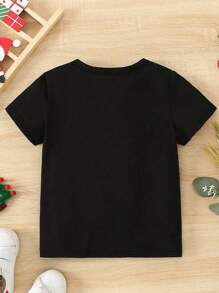 年轻男孩圣诞节复古简约字母印花舒适休闲 T 恤 - 黑色 - 查看 2