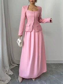 Elenzga Women's Tweed Lapel Collar Long Sleeve Elegant Blazer Jacket + White Skirt Suit, Spring/Autumn Fall Cloth For Women - Pink - View 4