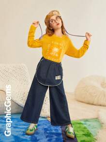 Tween 女童字母印花圆领长袖休闲宽松 T 恤，秋季 - 芥末黃 - 查看 6