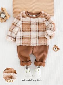 Cozy Pixies 2 Pieces Set: Baby Boys Plaid Fleece Crew Neck Sweatshirt And Pants, Warm Casual Outfit For Winter, Christmas, New Year, Indoor & Outdoor Wear , Fall Clothes