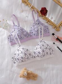 2pcs Teen Girls Cute Cat Print Patchwork Cup Teen Girls Underwear Set