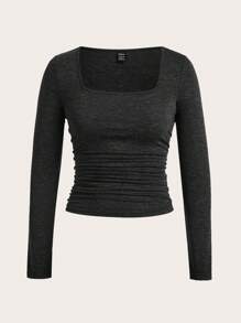 SHEIN EZwear 3 paquetes de camisetas de manga larga con cuello redondo y fruncido de color liso informal - Verde Oscuro - Ver 10