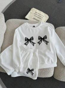 Slaydiva 2 件套休闲简约图案圆领长袖宽松女式套装，适合春秋季节 - 白色 - 查看 1