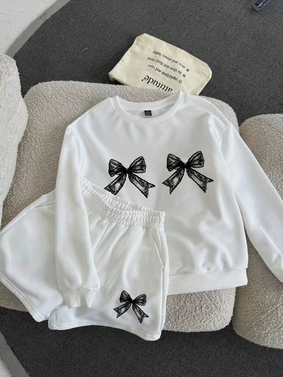 Slaydiva 2 件套休闲简约图案圆领长袖宽松女式套装，适合春秋季节 - 白色 - 查看 1