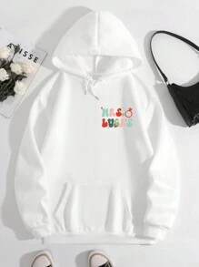 SHEIN EZwear Women's Letter Print Simple Casual Hooded Sweatshirt - White - View 4
