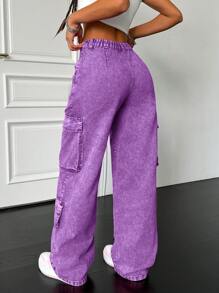 SHEIN PETITE 女款棉質寬鬆寬腿牛仔褲，性感設計，工裝女褲，亮粉色褲子，返校褲，寬鬆牛仔褲，女款寬鬆牛仔褲，低腰牛仔褲，小個女款 - 紫色 - 查看 8