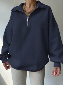 INAWLY Women's Solid Color Dropped Shoulder Long Sleeve Half Zip Casual Sweatshirt, Autumn/Winter, Long Sleeve Tops , Graduation, Teachers For Women, Back To School Pullover Fall - Navy Blue - View 3