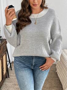 SHEIN LUNE Plus Size Contrast Color Ribbed Crew Neck Loose Pullover Sweater - Grey - View 3