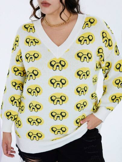 ADVENTURE TIME X SHEIN Suéter de manga larga holgado de estilo informal con cuello en V y estampado de dibujos animados para mujer talla grande, suéter navideño de estilo de calle para invierno