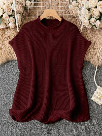 SHEIN LUNE Plus Size Women's Solid Color Knitted Stand Collar Batwing Short Sleeve Casual Pullover Sweater, Burgundy, Autumn/Winter