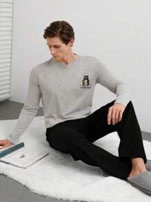 RueChic Conjunto de pijama casual y cómodo para hombres que incluye camiseta de manga larga y pantalón largo