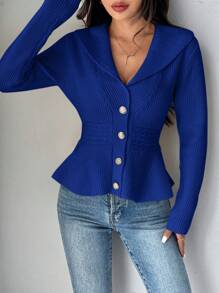 Chiquease Women Solid Color Front Button Ruffle Hem Elegant Long Sleeve Cardigan Sweater - Royal Blue - View 5