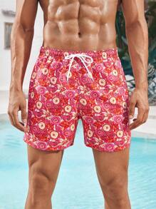 Manfinity Swimmode Men's Floral Print Drawstring Waist Loose Fashionable Beach Shorts,Hawaiian - Multicolor - View 8