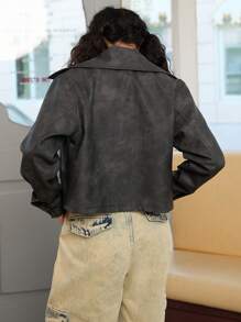 SHEIN 少女暗黑朋克摩托车休闲街头时尚酷炫 Y2K 风格 PU 夹克 - 黑色 - 查看 3