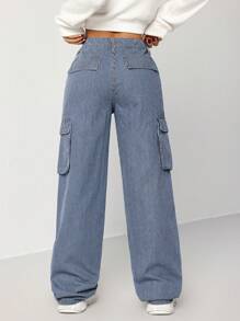 SHEIN EZwear Quần Jeans Cargo Ống Thẳng Ôm Lưng Thấp Cho Nữ, Màu Xanh - Màu xanh lam - Xem 2