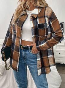 SHEIN LUNE Plus Size Women Plaid Fleece Regular Fit Casual Winter Jacket With Pockets - Multicolor - View 3