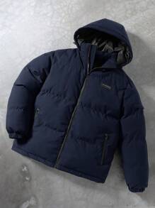 Manfinity Homme Men's Casual Solid Color Zip Up Hooded Padded Coat, Winter