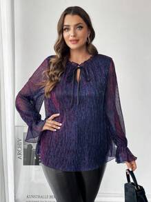 SHEIN Essnce 大码女装秋冬时尚优雅舒适蓝紫色褶皱长袖荷叶边吊带上衣衬衫、秋季女装、女式衬衫、曲线上衣、新年前夜、圣诞派对、节日上衣、优雅服装 - 紫色 - 查看 4
