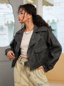 SHEIN 少女暗黑朋克摩托车休闲街头时尚酷炫 Y2K 风格 PU 夹克 - 黑色 - 查看 1