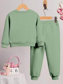 SHEIN Leap Crew 2 件年轻女孩复古花卉女孩印花休闲宽松圆领厚运动衫套装，适合秋冬季，柔和花卉自然运动衫，花园爱好者礼物 - 薄荷綠 - 查看 2