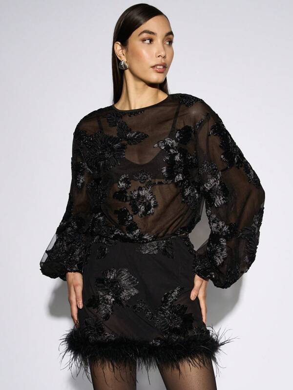 AiiRZ Elegancka bluzka z siateczki z haftem kwiatowym, długi rękaw, wieczorowa bluzka z piórkowym wykończeniem, wysoki kołnierz, specjalna okazja, wieczór, koktajl, wakacje