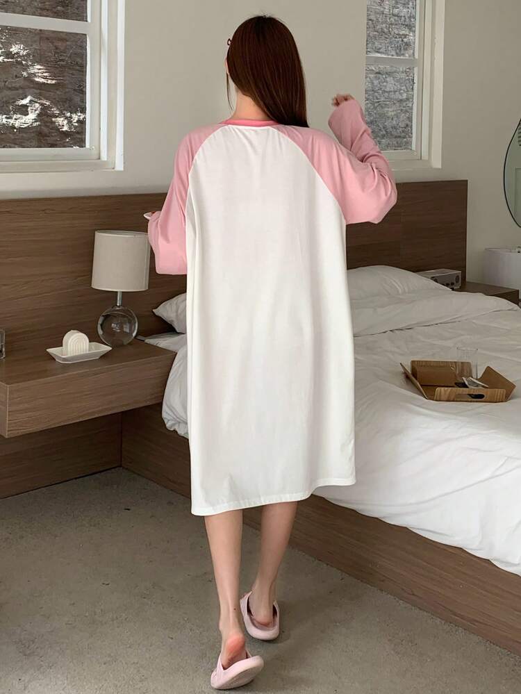Cute Cartoon Puppy Print Contrast Color Raglan Sleeve Loose Nightgown Pajama Fall,Winter
