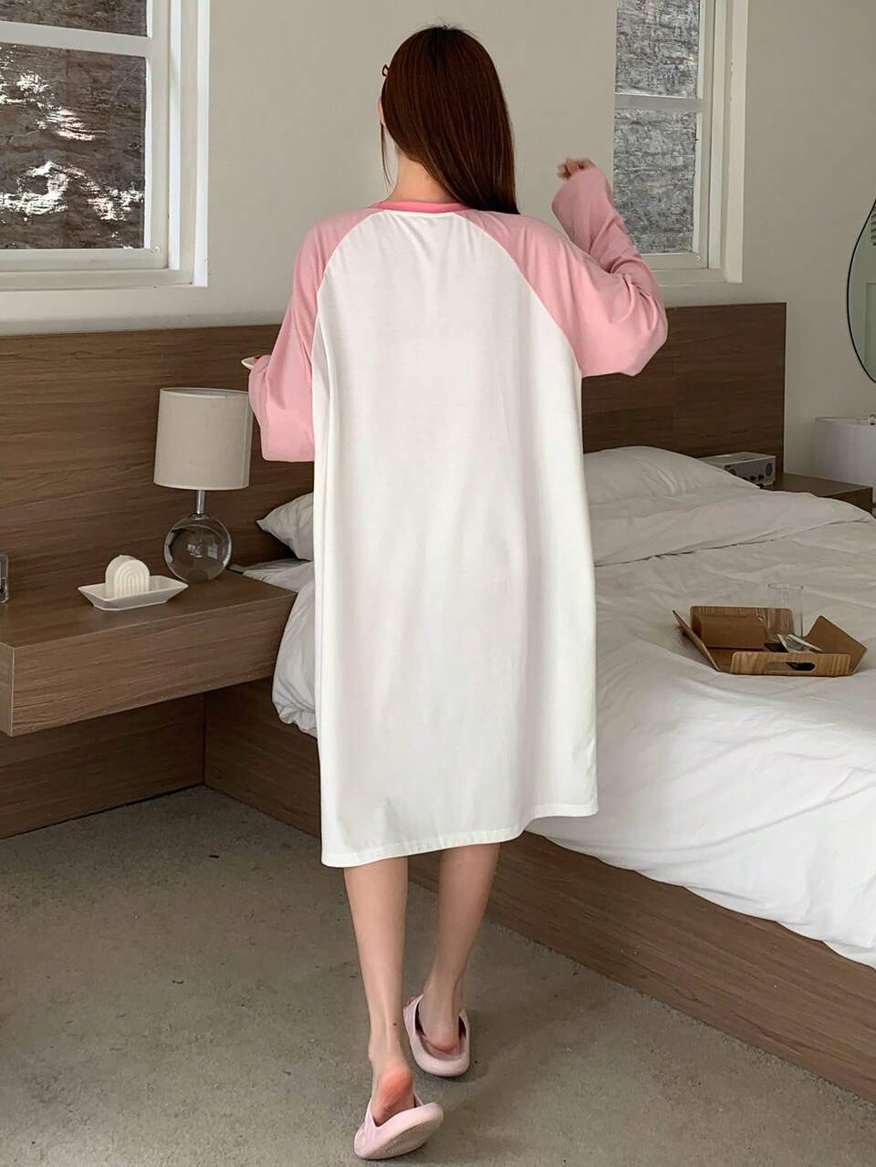 Cute Cartoon Puppy Print Contrast Color Raglan Sleeve Loose Nightgown Pajama Fall,Winter