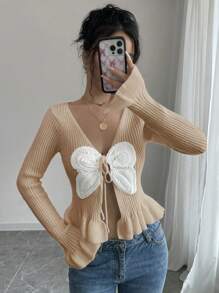 Elenzga Cárdigan informal de mujer con lazo al frente y bajo con volantes, manga larga, para otoño/invierno - Camel - Ver 4