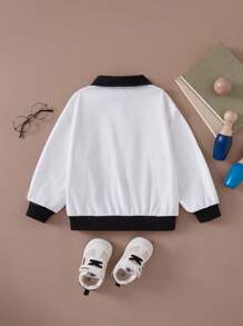 PrepCrw 年轻男孩学院风白色字母印花针织修身马球领运动衫，返校季，秋冬季 - 白色 - 查看 2