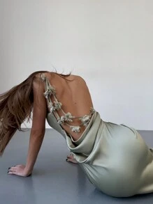 Aloruh Đầm dài hở lưng cổ xếp nếp cho nữ có họa tiết hoa 3D, thanh lịch - Màu be - Xem 5