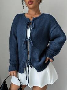 Rafferiza Crew Neck Front Tie Design Long Sleeve Cardigan - Navy Blue - View 6