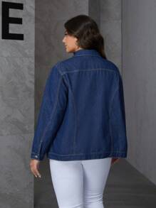 SHEIN Essnce Áo khoác denim dài tay dáng rộng, màu trơn, cài cúc phía trước, có túi, phong cách thường ngày, thích hợp cho dịp Giáng sinh và Lễ Tạ ơn. - Màu xanh lam - Xem 3