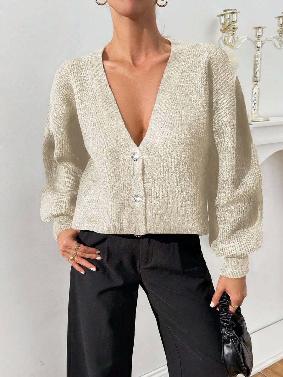 EURMUSE Women Rhinestone Flower Button Detailed Soft Touch Elegant Chick Cardigan - Cream - View 1